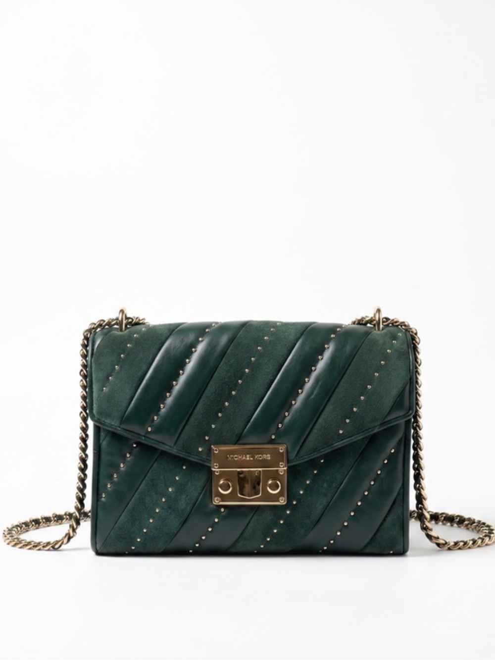 Michael Kors Emerald Green Studded Leather Suede Chain Bag